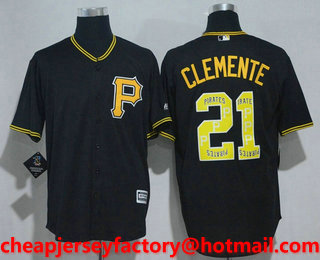 Men's Pittsburgh Pirates #21 Roberto Clemente Retired Black Team Logo Ornamented Stitched MLB Cool Base Jersey
