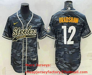 Men's Pittsburgh Steelers #12 Terry Bradshaw Grey Navy Camo With Patch Cool Base Stitched Baseball Jersey