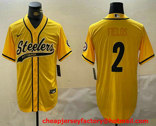 Men's Pittsburgh Steelers #2 Justin Fields Yellow With Patch Cool Base Stitched Baseball Jersey