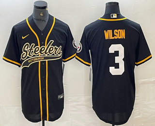 Men's Pittsburgh Steelers #3 Russell Wilson Black With Patch Cool Base Stitched Baseball Jersey 01