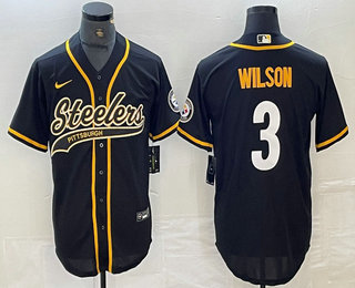 Men's Pittsburgh Steelers #3 Russell Wilson Black With Patch Cool Base Stitched Baseball Jersey 02