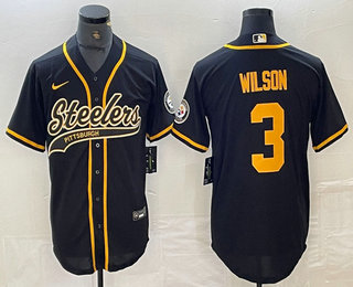 Men's Pittsburgh Steelers #3 Russell Wilson Black With Patch Cool Base Stitched Baseball Jersey 03