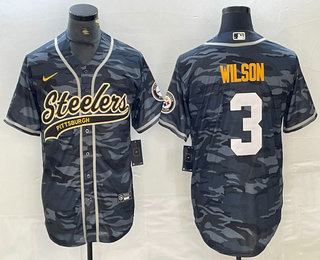 Men's Pittsburgh Steelers #3 Russell Wilson Camo With Patch Cool Base Stitched Baseball Jersey 01