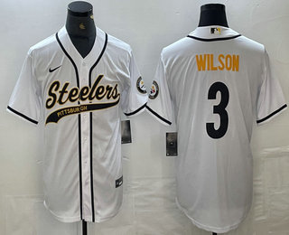 Men's Pittsburgh Steelers #3 Russell Wilson White With Patch Cool Base Stitched Baseball Jersey 01