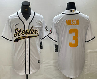 Men's Pittsburgh Steelers #3 Russell Wilson White With Patch Cool Base Stitched Baseball Jersey 02