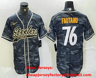 Men's Pittsburgh Steelers #76 Troy Fautanu Grey Camo With Patch Cool Base Stitched Baseball Jersey