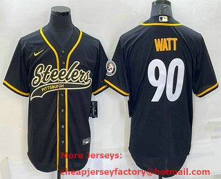 Men's Pittsburgh Steelers #90 TJ Watt Black With Patch Cool Base Stitched Baseball Jersey