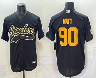 Men's Pittsburgh Steelers #90 TJ Watt Blank Black Cool Base Stitched Baseball Jersey