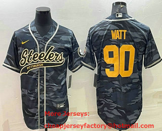 Men's Pittsburgh Steelers #90 TJ Watt Grey Navy Camo With Patch Cool Base Stitched Baseball Jersey