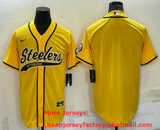 Men's Pittsburgh Steelers Blank Yellow With Patch Cool Base Stitched Baseball Jersey