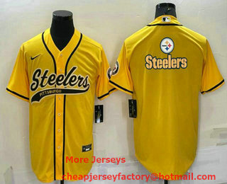 Men's Pittsburgh Steelers Gold Team Big Logo With Patch Cool Base Stitched Baseball Jersey