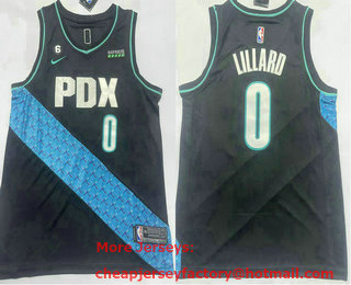 Men's Portland Trail Blazers #0 Damian Lillard 2023 Black City Edition With 6 Patch Sponsor Stitched Jersey