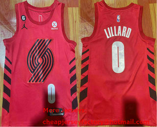 Men's Portland Trail Blazers #0 Damian Lillard Red 2023 Jordan With 6 Patch Stitched Jersey With Sponsor