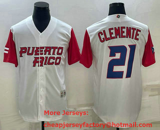 Men's Puerto Rico Baseball #21 Roberto Clemente White World Game Classic Baseball Jersey