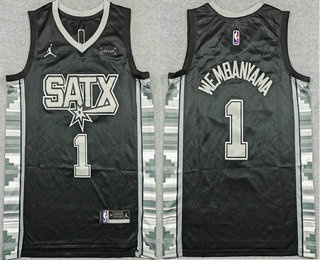 Men's San Antonio Spurs #1 Victor Wembanyama Black Statement Icon Sponsor Swingman Jersey