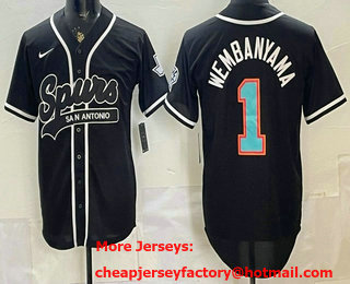 Men's San Antonio Spurs #1 Victor Wembanyama Black Stitched Baseball Jersey 11