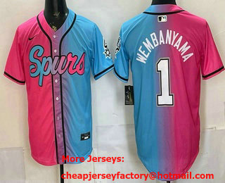 Men's San Antonio Spurs #1 Victor Wembanyama Pink Blue Limited Stitched Baseball Jersey