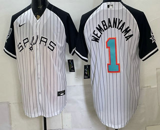 Men's San Antonio Spurs #1 Victor Wembanyama White Black Stitched Baseball Jersey