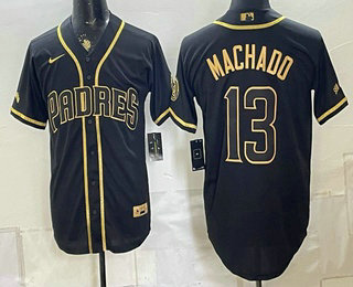 Men's San Diego Padres #13 Manny Machado Black Gold With Patch Stitched Jersey
