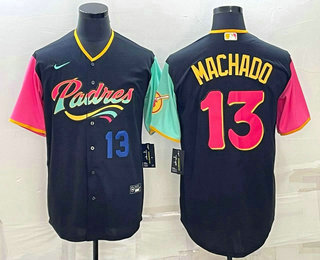 Men's San Diego Padres #13 Manny Machado Black Number 2022 City Connect Cool Base Stitched Jersey 02