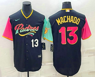 Men's San Diego Padres #13 Manny Machado Black Number 2022 City Connect Cool Base Stitched Jersey 03