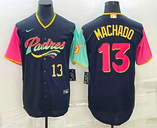 Men's San Diego Padres #13 Manny Machado Black Number 2022 City Connect Cool Base Stitched Jersey 04