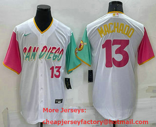 Men's San Diego Padres #13 Manny Machado White Number 2022 City Connect Cool Base Stitched Jersey