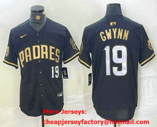 Men's San Diego Padres #19 Tony Gwynn Black Gold Player Number Cool Base Jersey