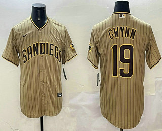 Men's San Diego Padres #19 Tony Gwynn Khaki Team Logo Cool Base Jersey