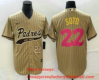 Men's San Diego Padres #22 Juan Soto Number Tan Pinstripe 2023 City Connect Cool Base Stitched Jersey 11