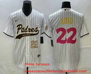 Men's San Diego Padres #22 Juan Soto Number White Pinstripe 2023 City Connect Cool Base Stitched Jersey 11