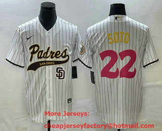 Men's San Diego Padres #22 Juan Soto White Pinstripe 2023 City Connect Cool Base Stitched Jersey 12