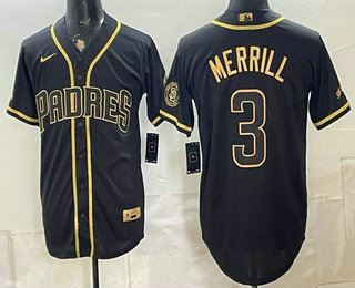 Men's San Diego Padres #3 Jackson Merrill Black Gold With Patch Stitched Jersey