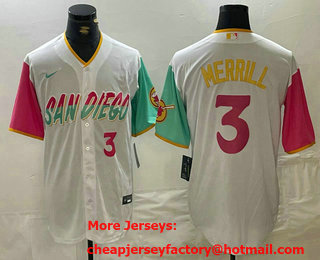 Men's San Diego Padres #3 Jackson Merrill Number White 2023 City Connect Cool Base Stitched Jersey