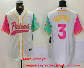 Men's San Diego Padres #3 Jackson Merrill White NEW 2023 City Connect Cool Base Stitched Jersey