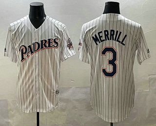 Men's San Diego Padres #3 Jackson Merrill White Throwback With Patch Cool Base Stitched Jersey