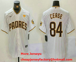 Men's San Diego Padres #84 Dylan Cease White Team Logo With PS Patch Stitched Cool Base Nike Jersey