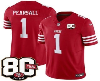 Men's San Francisco 49ers #1 Ricky Pearsall Limited Red 80th Anniversary Patch FUSE Vapor Jersey