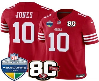 Men's San Francisco 49ers #10 Mac Jones Limited Red 80th Melbourne Game Patch FUSE Vapor Jersey