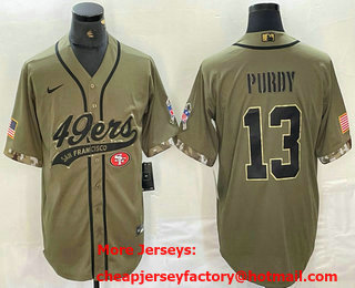 Men's San Francisco 49ers #13 Brock Purdy 2022 Olive Salute to Service Cool Base Stitched Baseball Jersey