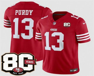 Men's San Francisco 49ers #13 Brock Purdy Limited Red 80th Anniversary Patch FUSE Vapor Jersey