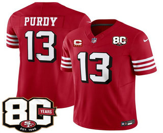 Men's San Francisco 49ers #13 Brock Purdy Red 80th C Patch Alternate FUSE Vapor Jersey
