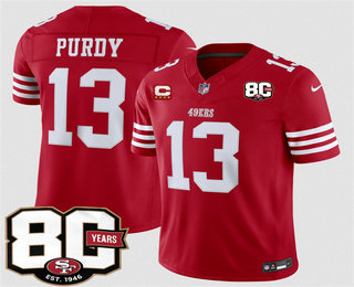 Men's San Francisco 49ers #13 Brock Purdy Red 80th C Patch FUSE Vapor Jersey