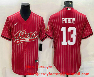 Men's San Francisco 49ers #13 Brock Purdy Red Pinstripe With Patch Cool Base Stitched Baseball Jersey