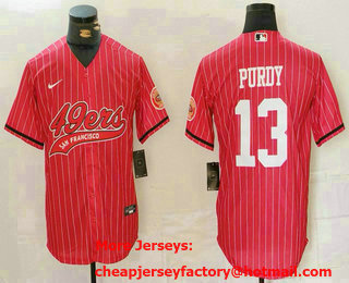 Men's San Francisco 49ers #13 Brock Purdy Red Pinstripe With Patch Cool Base Stitched Baseball Jersey