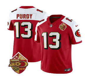 Men's San Francisco 49ers #13 Brock Purdy Red White 2023 FUSE 50th Patch Throwback Stitched Jersey