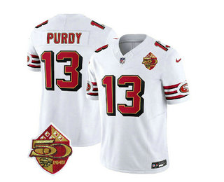 Men's San Francisco 49ers #13 Brock Purdy White 2023 FUSE 50th Patch Vapor Limited Stitched Jersey