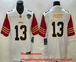 Men's San Francisco 49ers #13 Brock Purdy White 75th Patch Golden Edition Stitched Nike Limited Jersey