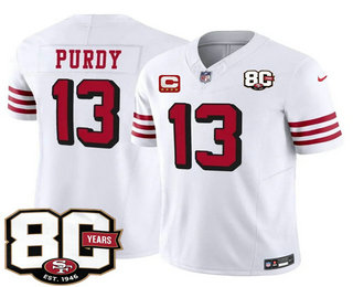 Men's San Francisco 49ers #13 Brock Purdy White 80th C Patch Alternate FUSE Vapor Jersey