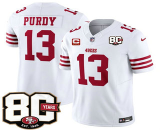 Men's San Francisco 49ers #13 Brock Purdy White 80th C Patch FUSE Vapor Jersey